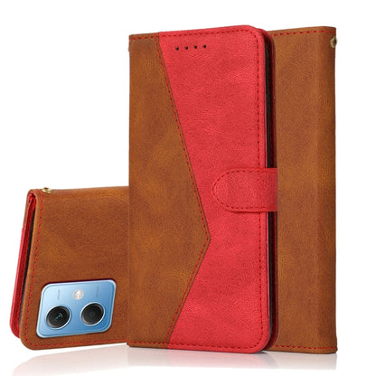 Dual-color leather phone case with red and tan panels, flip cover closed, phone back visible