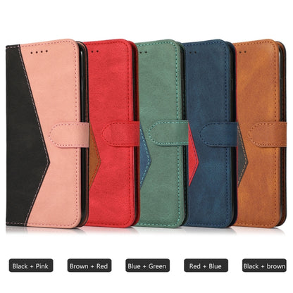 Dual-color leather phone cases with stitched wallets, shown in five color combos