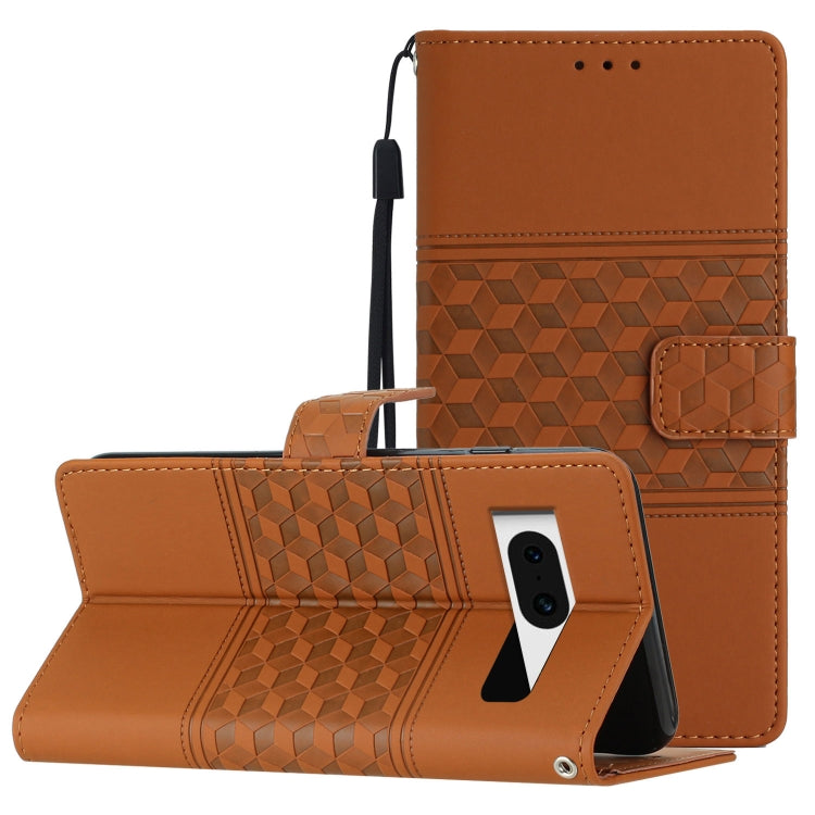 Brown diamond-embossed leather phone case with lanyard strap and folio stand
