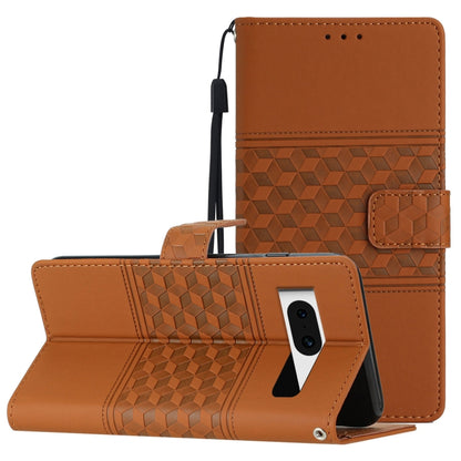 Brown diamond-embossed leather phone case with lanyard strap and folio stand
