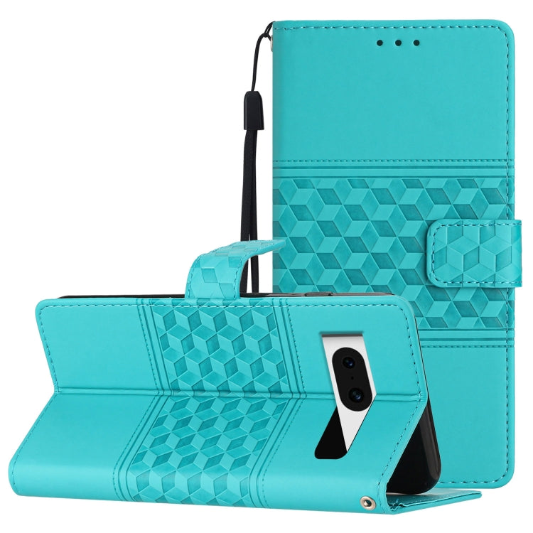 Turquoise diamond-embossed leather phone case with lanyard strap and card slot