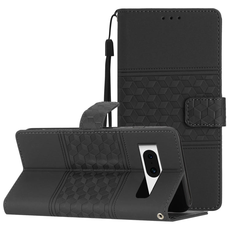 Black diamond-embossed leather wallet phone case with stand and wrist lanyard