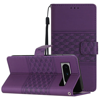 Purple diamond-embossed leather wallet phone case with stand and wrist lanyard