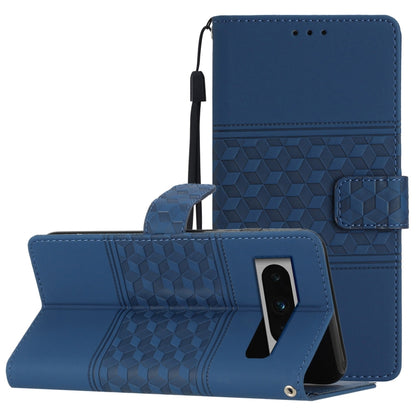 Dark blue diamond-embossed leather wallet phone case with stand and wrist lanyard