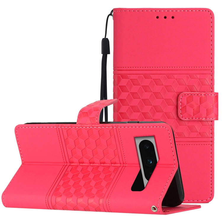 Red diamond-embossed leather wallet phone case with stand and wrist lanyard