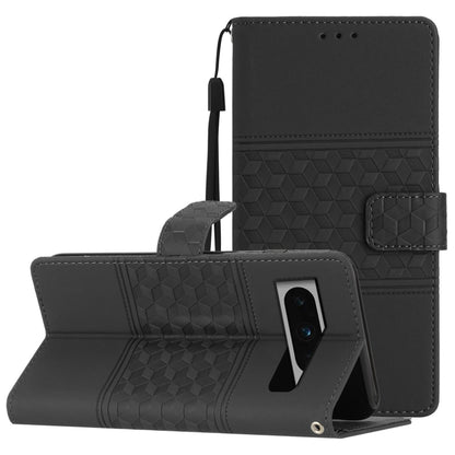 Black diamond-embossed leather wallet phone case with stand and wrist lanyard
