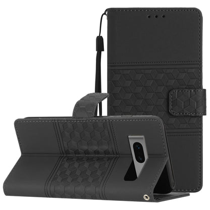 Dark gray leather-look phone case with lanyard, embossed diamond pattern, flip stand