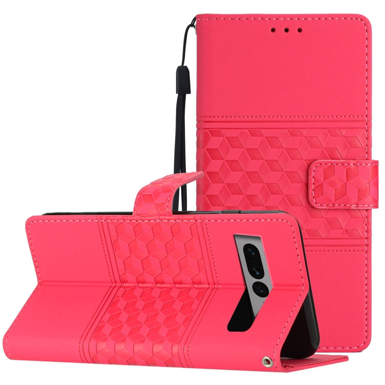 Red leather-look folio phone case with lanyard, embossed diamond texture, stand