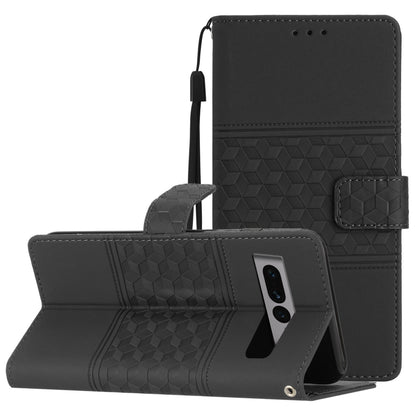 Dark gray leather-look folio phone case with lanyard, embossed diamond texture, stand