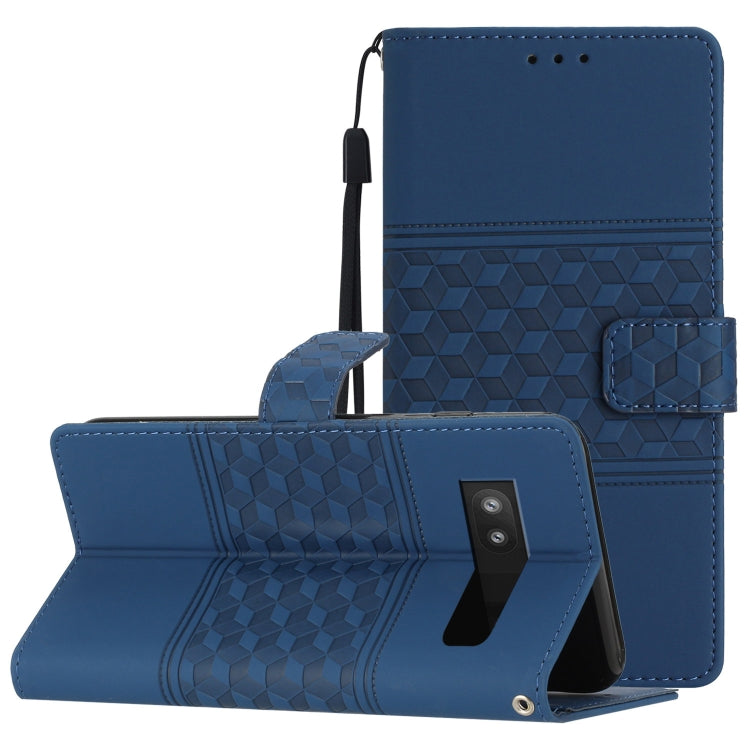 Navy diamond-embossed leather phone case with lanyard, folio stand