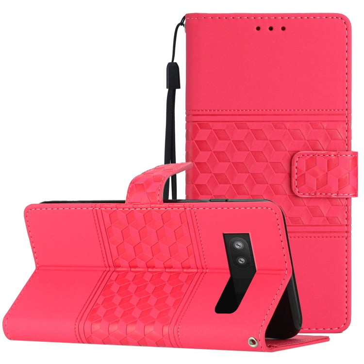 Red diamond-embossed leather phone case with lanyard, folio stand