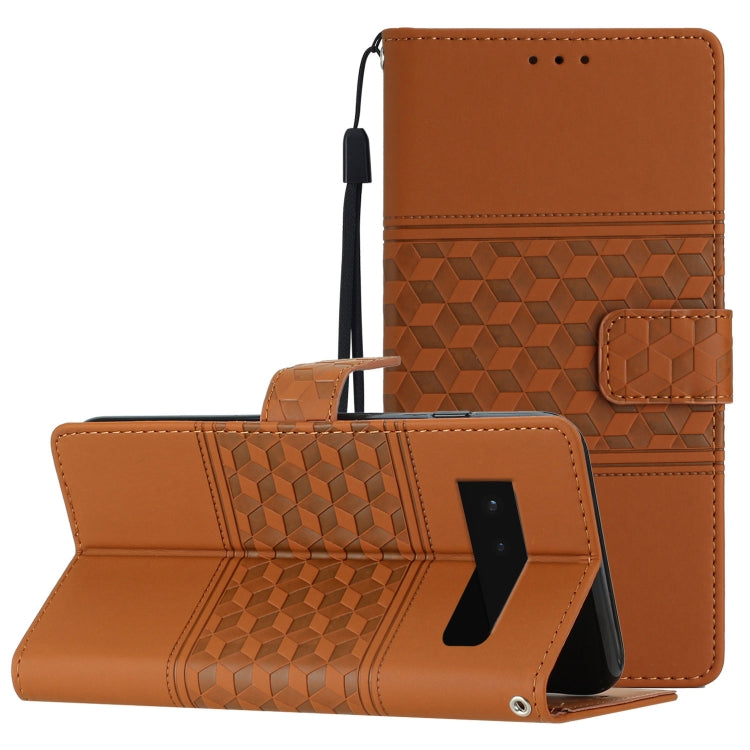 Brown diamond-embossed leather phone case with lanyard, folio stand