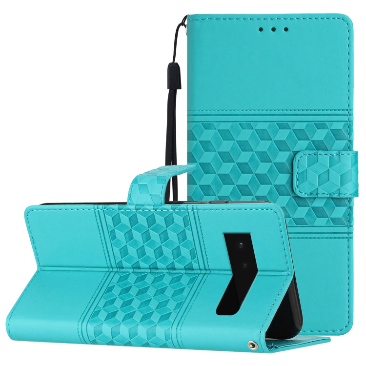 Teal diamond-embossed leather phone case with lanyard, front cover with kickstand