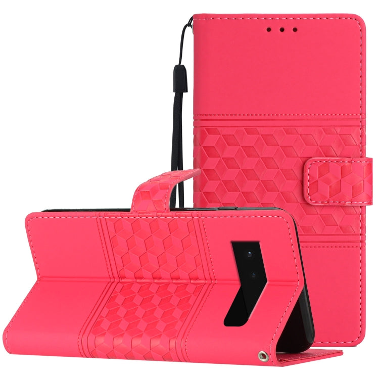 Red diamond-embossed leather phone case with lanyard, front cover with kickstand