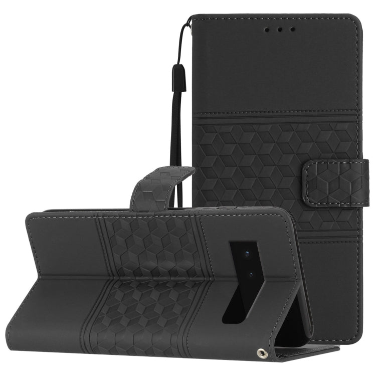 Dark phone folio case with diamond emboss texture and wrist lanyard, stand open