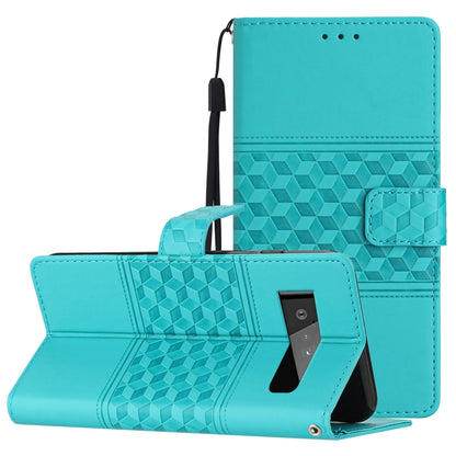 Teal phone folio case with diamond emboss texture and wrist lanyard, stand open