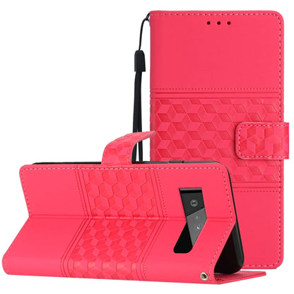 Red phone folio case with diamond emboss texture and wrist lanyard, stand open