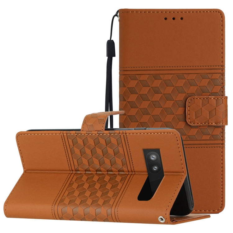 Brown leather-style phone folio case with diamond emboss, built-in wrist lanyard