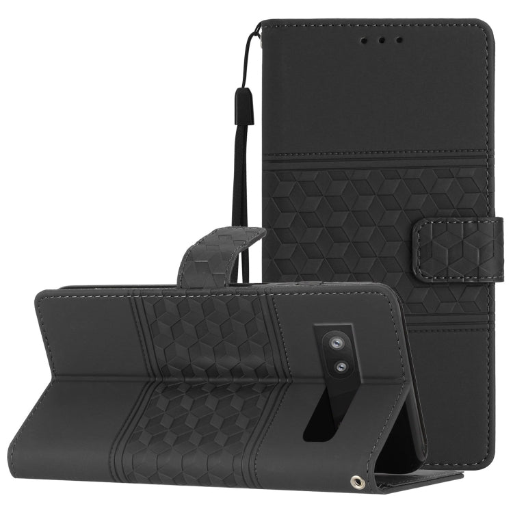 Black diamond-embossed leather wallet phone case with lanyard strap and card slot