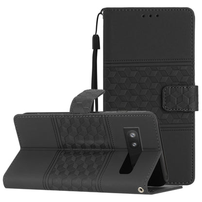 Black diamond-embossed leather wallet phone case with lanyard strap and card slot