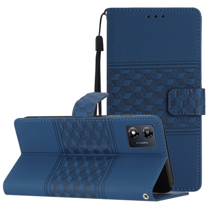 Navy diamond-embossed leather wallet phone case with lanyard strap and card slot