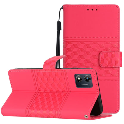 Red diamond-embossed leather wallet phone case with lanyard strap and card slot