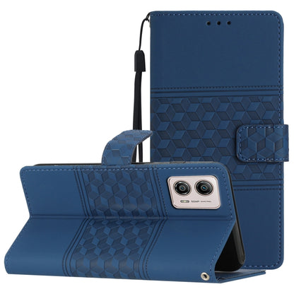 Navy diamond-embossed leather-style flip phone case with lanyard strap and card pocket