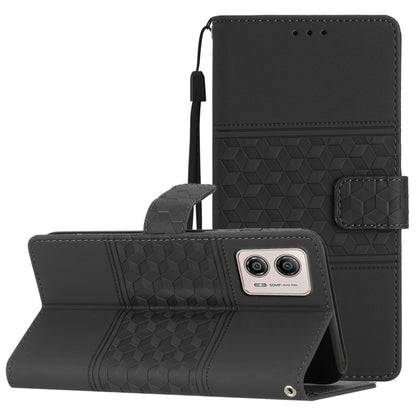 Black diamond-embossed leather-style flip phone case with lanyard strap and card pocket