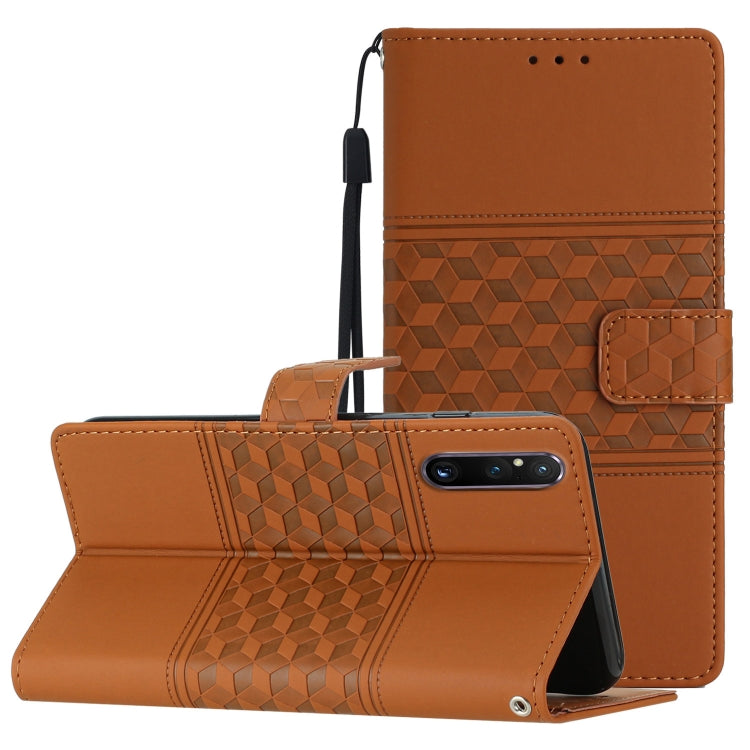 Brown leather-look phone case with lanyard, foldout stand, diamond embossed texture