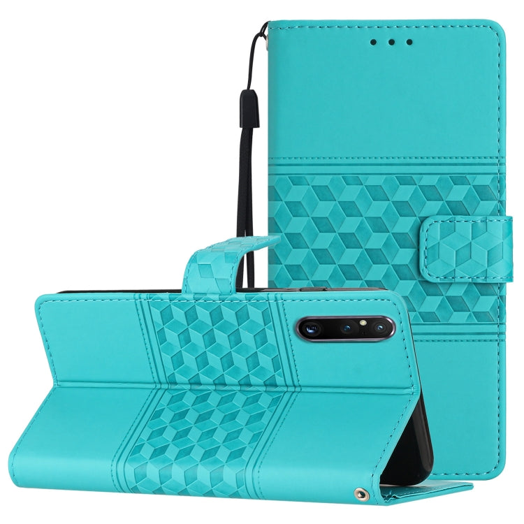 Teal leather-look phone case with lanyard, foldout stand, diamond embossed texture
