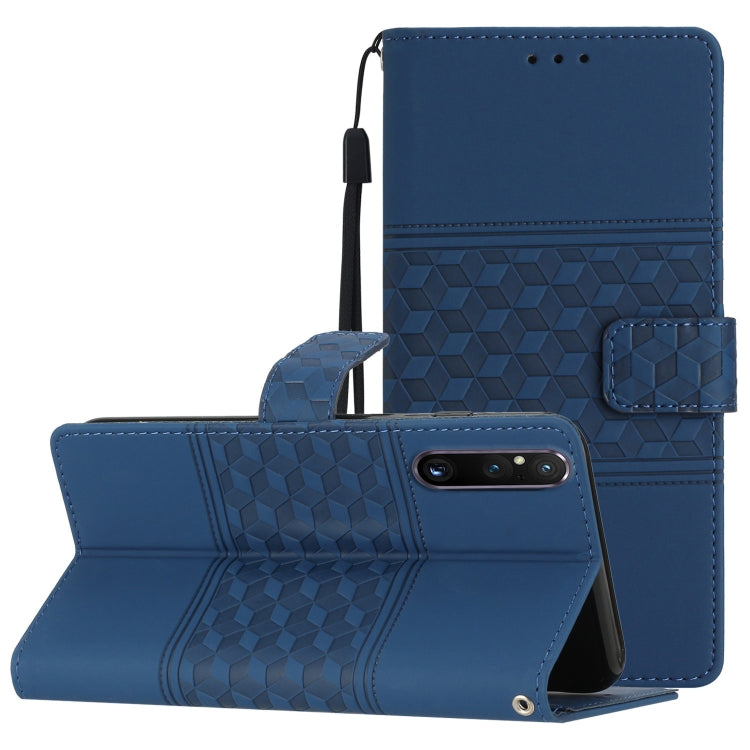 Blue leather-look phone case with lanyard, foldout stand, diamond embossed texture