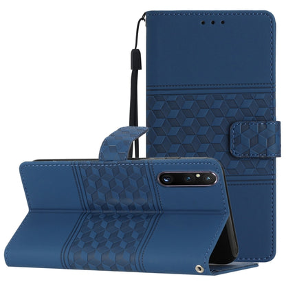 Blue leather-look phone case with lanyard, foldout stand, diamond embossed texture
