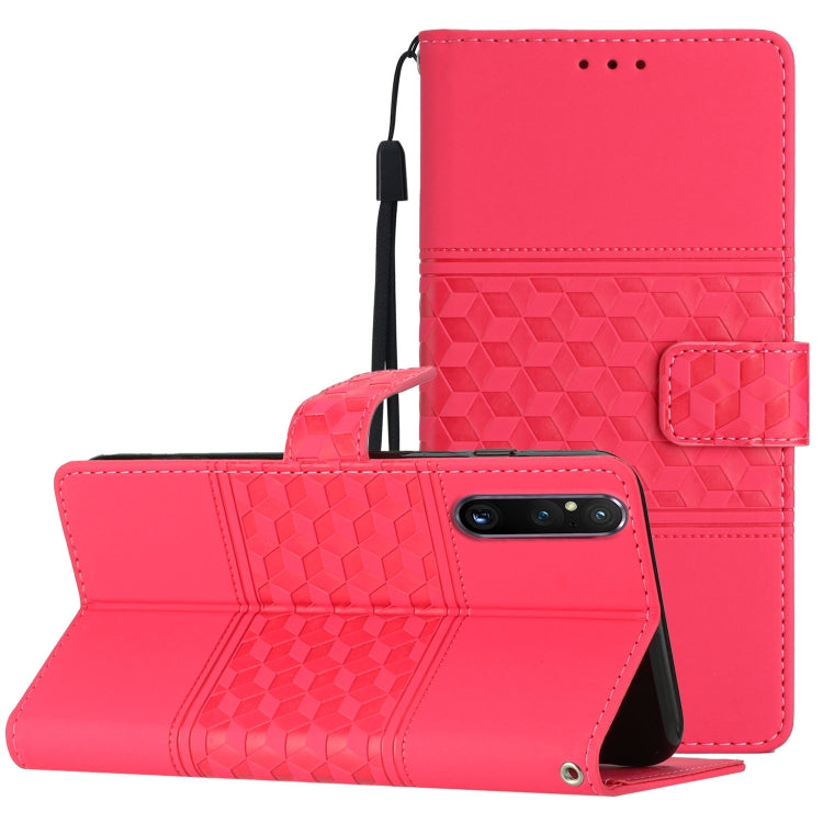 Red leather-look phone case with lanyard, foldout stand, diamond embossed texture