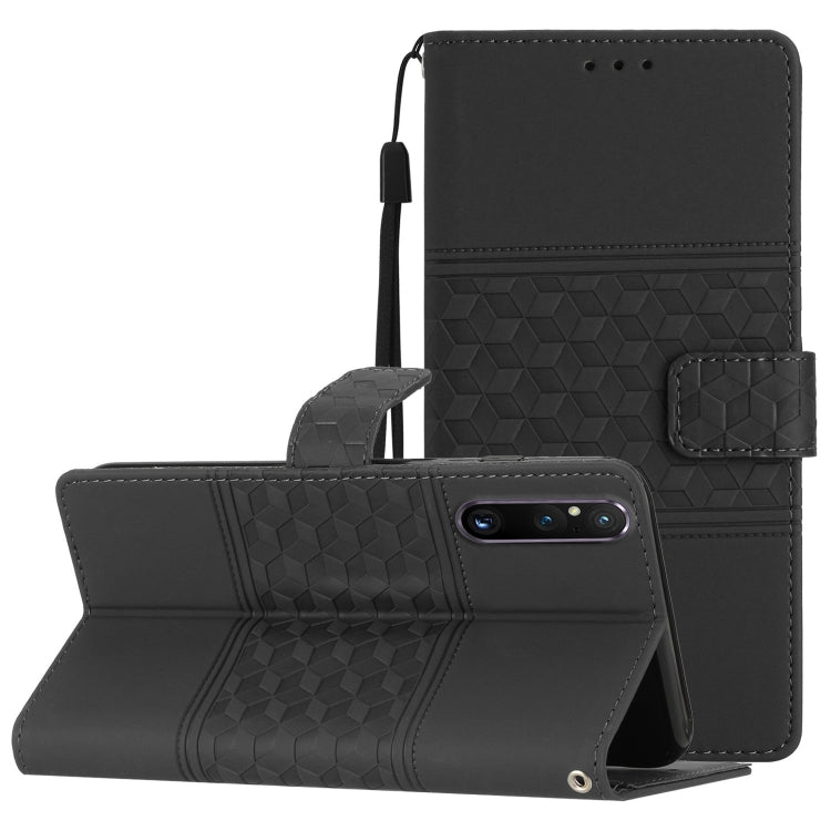 Dark gray leather-look phone case with lanyard, foldout stand, diamond embossed pattern