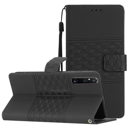 Dark gray leather-look phone case with lanyard, foldout stand, diamond embossed pattern
