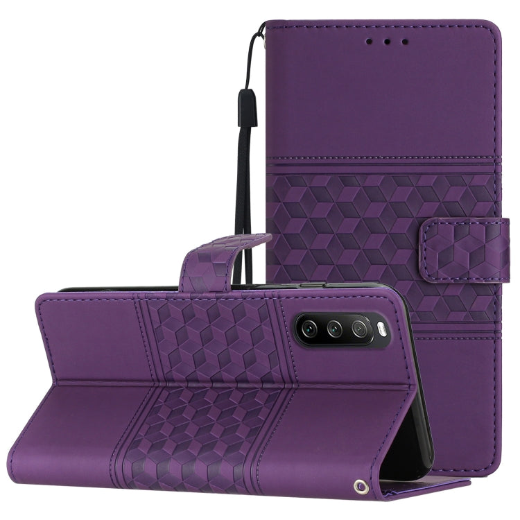 Violet leather-look phone case with lanyard, foldout stand, diamond embossed pattern