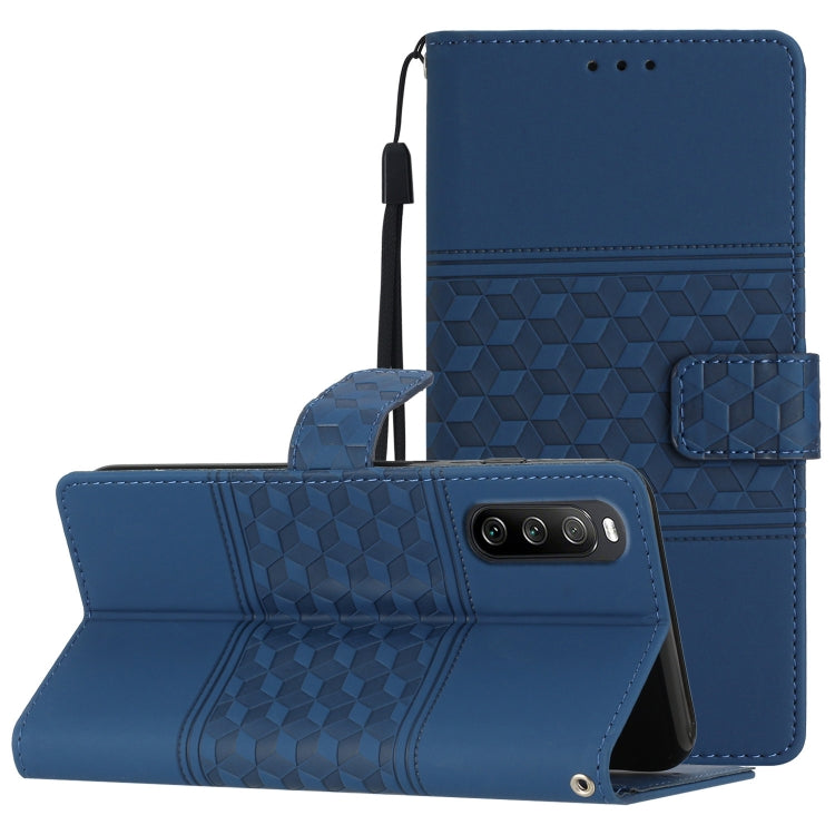 Blue leather phone case with lanyard, diamond embossed folio and kickstand.