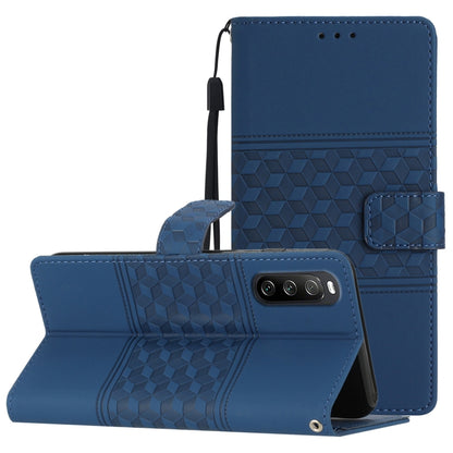 Blue leather phone case with lanyard, diamond embossed folio and kickstand.