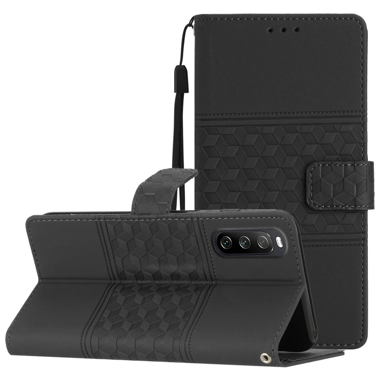 Dark leather phone case with lanyard, diamond embossed folio and kickstand.