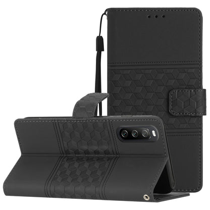 Dark leather phone case with lanyard, diamond embossed folio and kickstand.