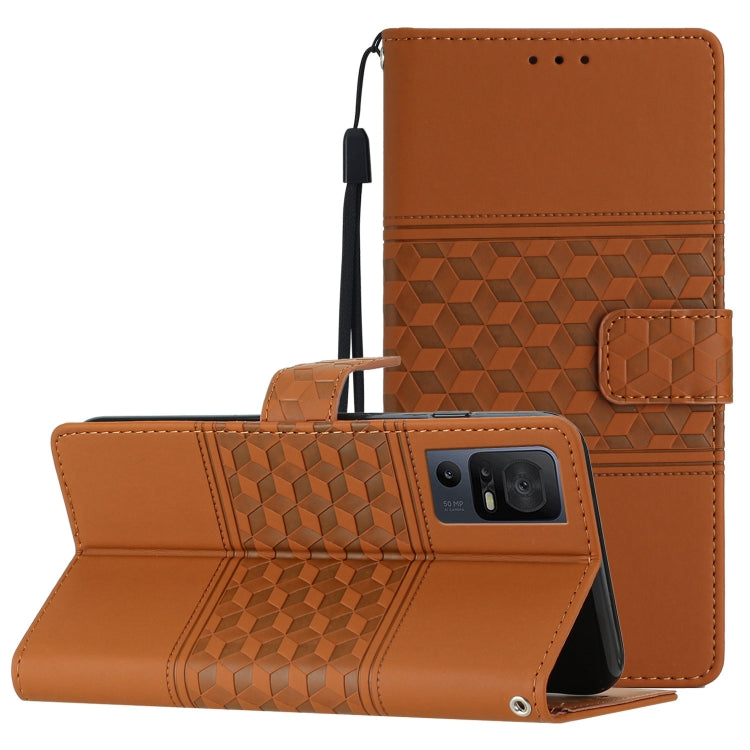Brown leather phone case with lanyard, diamond embossed folio and kickstand.