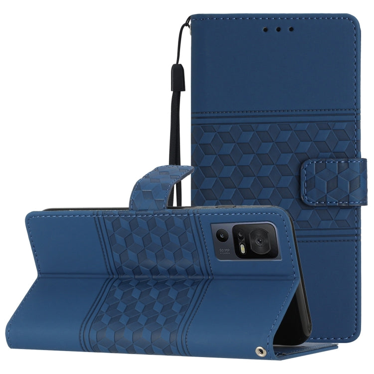 Blue folio leather phone case with lanyard strap, diamond embossed texture, kickstand.