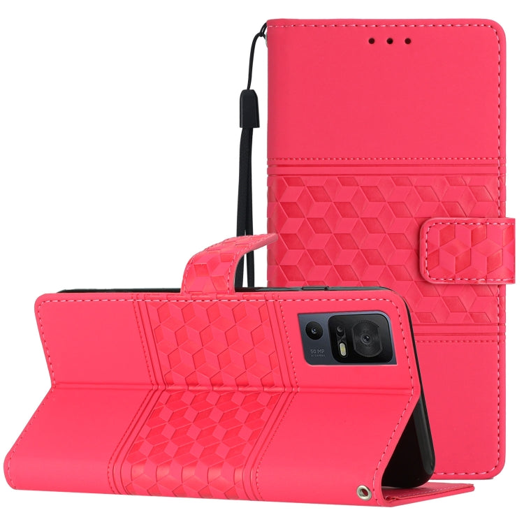 Red folio leather phone case with lanyard strap, diamond embossed texture, kickstand.