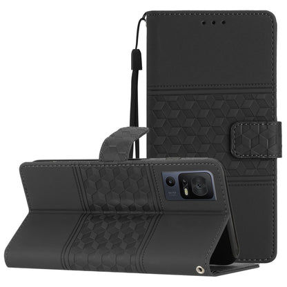 Black folio leather phone case with lanyard strap, diamond embossed texture, kickstand.