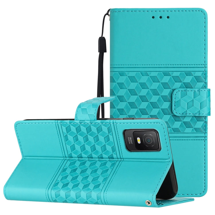 Teal diamond-embossed leather flip phone case with card slot and lanyard strap