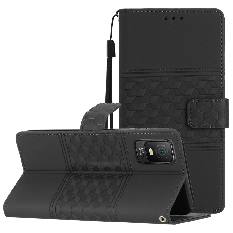 Black diamond-embossed leather flip phone case with card slot and lanyard strap