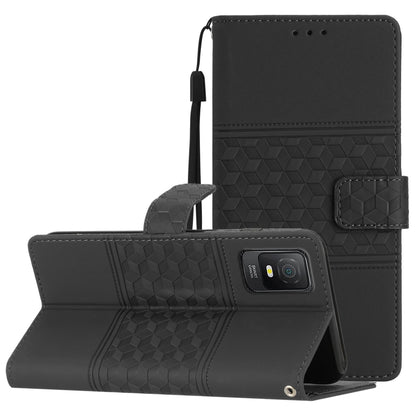 Black diamond-embossed leather flip phone case with card slot and lanyard strap