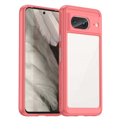Pink acrylic and TPU phone case with clear back panel, camera cutout, raised edges.
