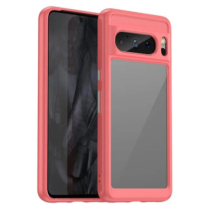 Pink acrylic and TPU phone case with dark tinted back and camera opening, port cutouts.