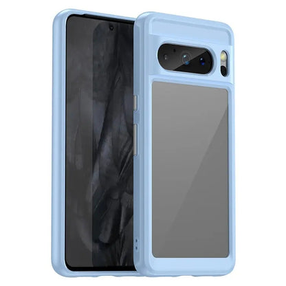 Light blue transparent phone case with gray back panel and camera opening